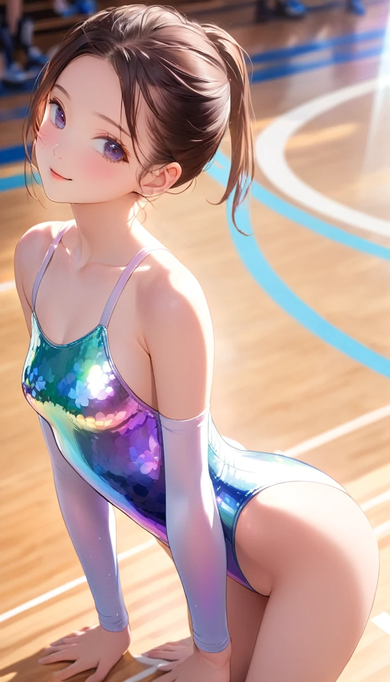 highquality illustration, masterpiece, very delicate and beautiful, attractive girl,((gymnastics leotard,tight-fit
 leotard,long sleeve leotard,long_sleeve leotard,high_leg leotard,athletic leotard,floral patterns leotard,iridescent gradient leotard)), audience reactions,thin,slender body,slim,high school,gymnasium,gymnastics club,beautiful eyes,(masterpiece, best quality:1.2), highres, extremely detailed CG unity 8k wallpaper, perfect lighting, Colourful, ultra-high res,4K,ultra-detailed, photography, 8K, HDR,  s,cowboy shot,