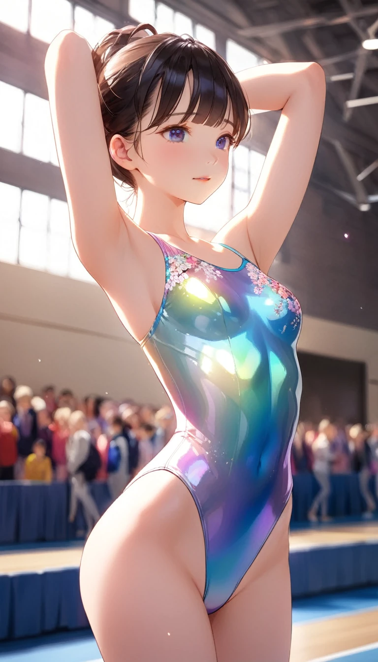 highquality illustration, masterpiece, very delicate and beautiful, attractive girl,((gymnastics leotard,tight-fit
 leotard,long sleeve leotard,long_sleeve leotard,high_leg leotard,athletic leotard,floral patterns leotard,iridescent gradient leotard)), audience reactions,thin,slender body,slim,high school,gymnasium,gymnastics club,beautiful eyes,(masterpiece, best quality:1.2), highres, extremely detailed CG unity 8k wallpaper, perfect lighting, Colourful, ultra-high res,4K,ultra-detailed, photography, 8K, HDR,  s,cowboy shot,