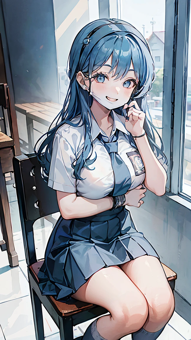 1 woman, 17 years old, (long hair, hairband, blue hair), scared face expression, plump body, blue eyes, Indonesian high-school uniform, (smile:1.4), osis logo on shirt pocket, huge XL breasts, light-grey pleated skirt, sitting on a chair, seductive pose, full body shot, smiling, in the classroom, smile. ako_bluearchive, wearing a mask (mask_pull, white surgical mask, surgical mask fit his face:1.2).