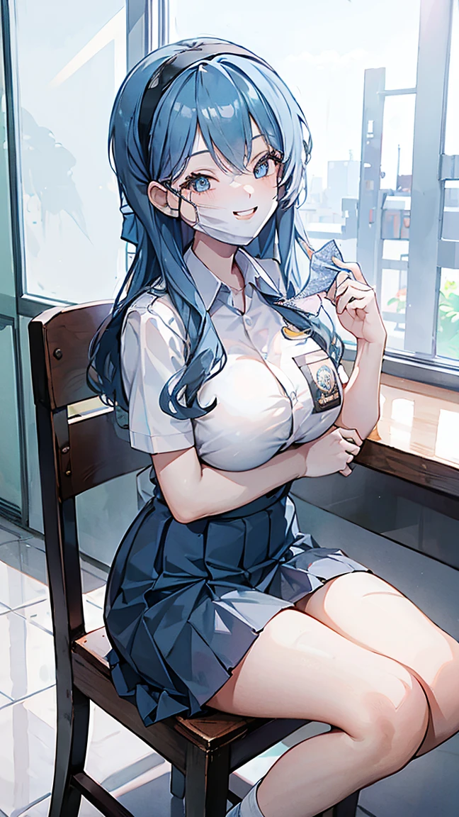 1 woman, 17 years old, (long hair, hairband, blue hair), scared face expression, plump body, blue eyes, Indonesian high-school uniform, (smile:1.4), osis logo on shirt pocket, huge XL breasts, light-grey pleated skirt, sitting on a chair, seductive pose, full body shot, smiling, in the classroom, smile. ako_bluearchive, wearing a mask (mask_pull, white surgical mask, surgical mask fit his face:1.2).