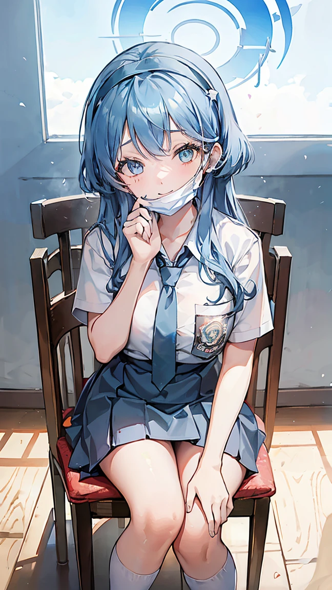 1 woman, 17 years old, (long hair, hairband, blue hair), scared face expression, plump body, blue eyes, Indonesian high-school uniform, osis logo on shirt pocket, huge XL breasts, light-grey pleated skirt, sitting on a chair, seductive pose, full body shot, in the classroom, smile. ako_bluearchive, wearing a mask (mask_pull, white surgical mask, surgical mask fit his face:1.2).