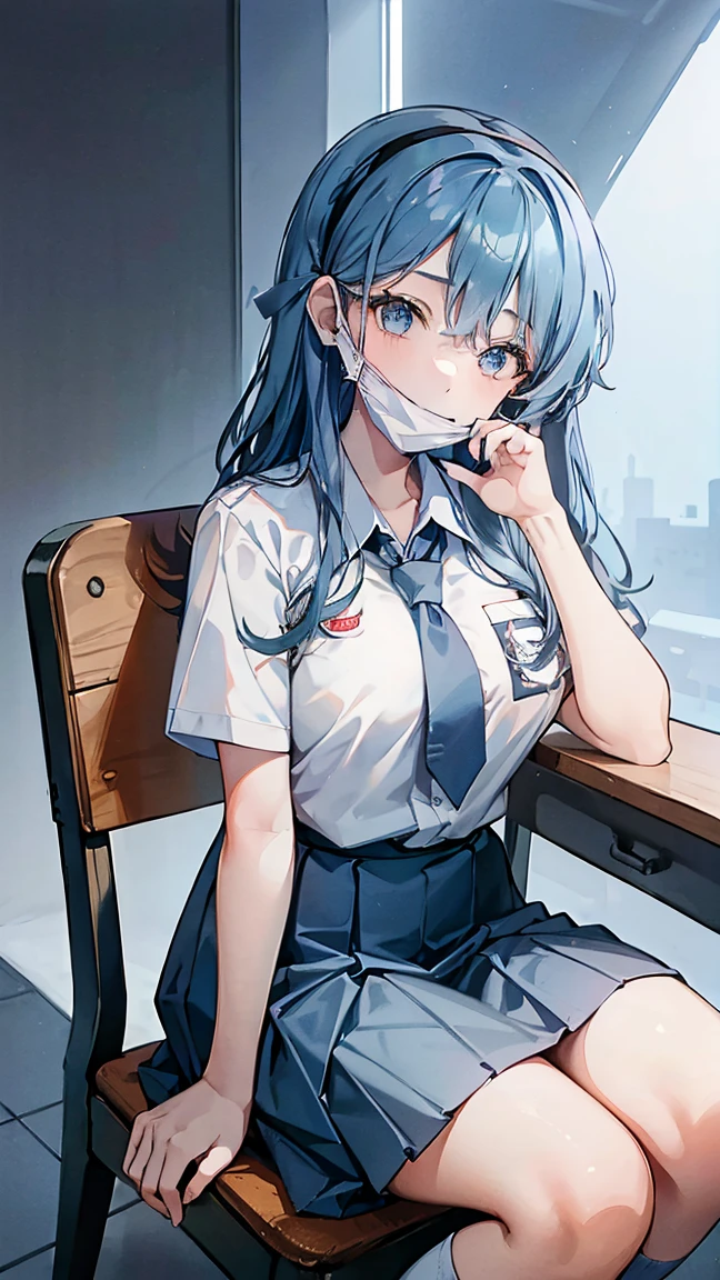 1 woman, 17 years old, (long hair, hairband, blue hair), scared face expression, plump body, blue eyes, Indonesian high-school uniform, osis logo on shirt pocket, huge XL breasts, light-grey pleated skirt, sitting on a chair, seductive pose, full body shot, in the classroom, smile. ako_bluearchive, wearing a mask (mask_pull, white surgical mask, surgical mask fit his face:1.2).