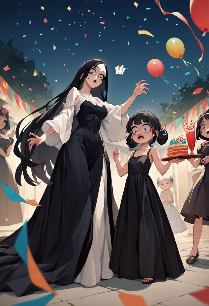 score_9, score_8_up, score_7_up, score_6_up, score_5_up, score_4_up, (source_anime), 2girls, (( white woman, long black hair, Long black dress, Long dress)), Low Illumination, party, horny, Surprise, night, A kid  hiden inside the dress, Bottom-up view, yuri, age diference, 