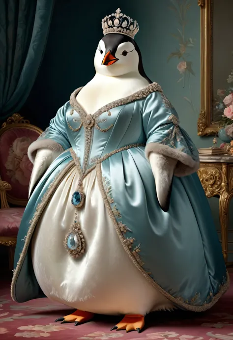 photorealistic portrait of Dressed animals - a ((fat)) (penguin) princess, (full body image:1.5),(elegant pose:1.5) Wearing luxury sack-back gown,(wearing luxury tiara),(hands on hips:1.5), Old-fashioned luxury  loyal  dress, detailed and opulent description of a loyal aristocratic sack-back gown in Rococo , emphasizing luxurious fabrics, intricate embroidery, and ornate accessories, Rococo style king palace  background,(looking at viewer:1.5),score_9, score_8_up, score_7_up, score_6_up, score_5_up, score_4_up,