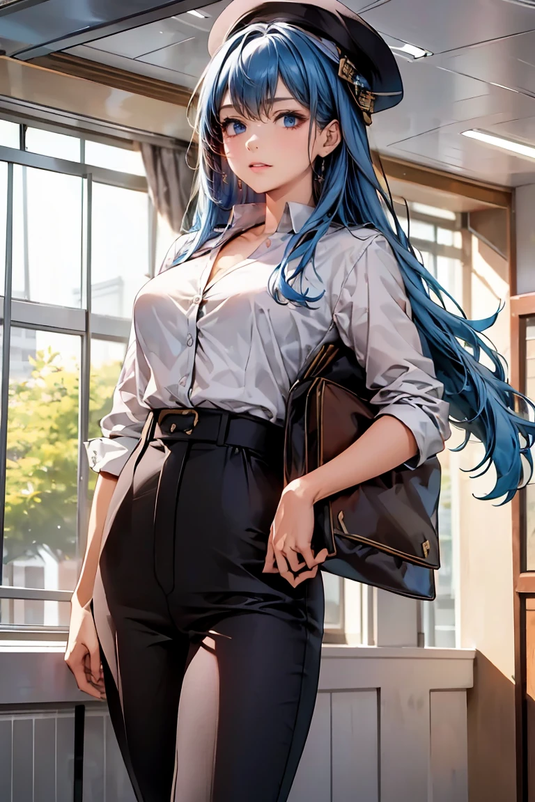 (masterpiece), ((Highest quality)), (masterpiece,Highest quality,Official Art,Highly detailed CG Unity 8K wallpapers)、Beautiful Japanese Woman、Detailed face、Smooth Skin、Big Breasts、((Bob Hair:1.8、Light blue hair))、"High school girl in a futuristic uniform。Wearing a monochrome tight-fitting blazer、Metallic buttons and school crest on left chest。Below is the、He is wearing a clean white shirt with hidden buttons.、The collar and cuffs have thin lines。Wearing tight fitting straight pants、It has the same simple stripes as the blazer.。Shoes must be black or dark grey sneakers、Includes silver accents。As an accessory、School color tie、We also have caps and berets that can be used during extracurricular activities.。The material of the uniform is temperature regulating、Antifouling、Has antibacterial properties。"