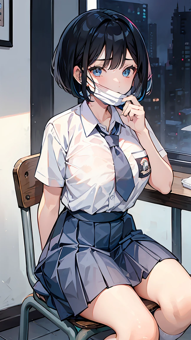 1 woman, 17 years old, (Short Layered Bob haircut, black hair), scared face expression, plump body, blue eyes, Indonesian high-school uniform, (wearing transparent white shirt, showing bra), osis logo on shirt pocket, huge XL breasts, light-grey pleated skirt, sitting on a chair, seductive pose, full body shot, shy, in the classroom, wearing a mask (mask_pull, white surgical mask, surgical mask fit his face:1.2).