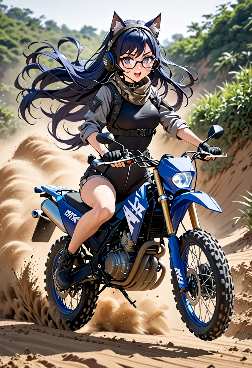 8K Ultra High-Quality, ultra-detailed, High quality, Dark Blue hair, Long hair, Headset, Goggles, cat girl, Grey Tactical clothes, Military clothes, black tight leotard under clothes, shorts, face scarf, body harness, Looking at viewer, choker, glasses, full body, riding a motorcycle, dirt bike, flowing hair