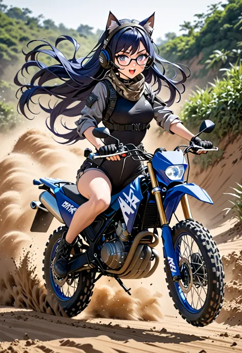 8k ultra high-quality, ultra-detailed, high quality, dark blue hair, long hair, headset, goggles, cat girl, grey tactical clothe...