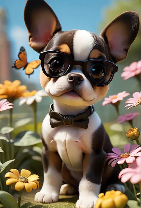 adorable small tan boston terrior puppy wearing sunglasses playing at park butterflies and flowers in background 3d pixar style