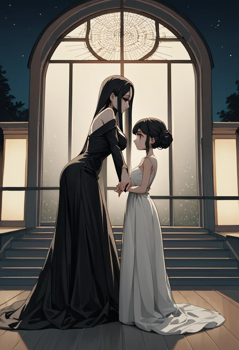 score_9, score_8_up, score_7_up, score_6_up, score_5_up, score_4_up, (source_anime), 2girls, (( white woman, long black hair, Long black dress, Long dress)), Low Illumination, Restless, night, A kid  hiden inside the dress, Bottom-up view, yuri, age diference, 