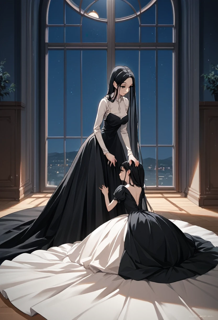 score_9, score_8_up, score_7_up, score_6_up, score_5_up, score_4_up, (source_anime), 2girls, (( white woman, long black hair, Long black dress, Long dress)), Low Illumination, Restless, night, A kid  hiden inside the dress, Bottom-up view, yuri, age diference, 