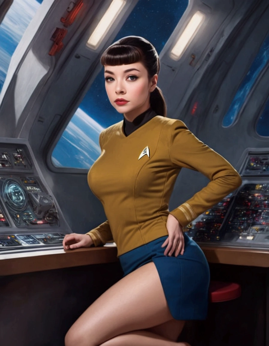 A cute woman (age 25, classic star trek mini skirt uniform) she is a clumsy officer regularly dropping things and picking them up, bent over panty exposed, busy star ship
