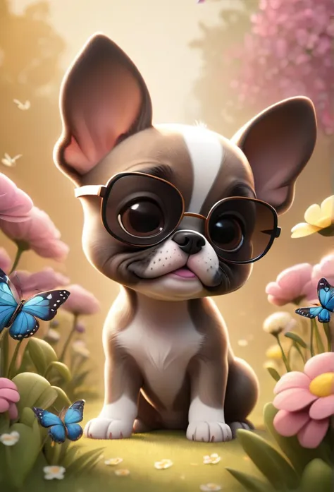 adorable small tan boston terrior puppy wearing sunglasses playing at park butterflies and flowers in background 3d pixar style