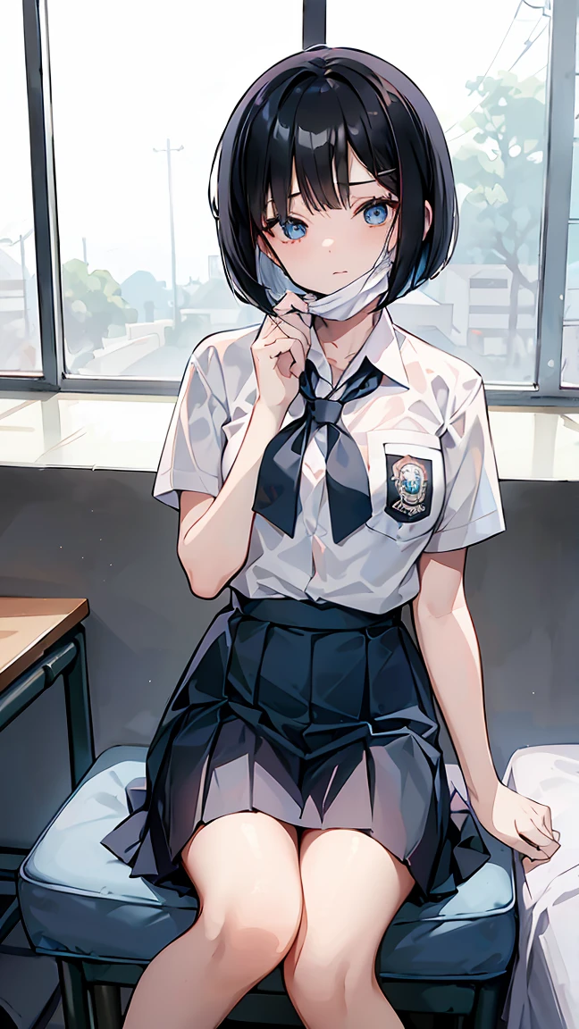 1 woman, 17 years old, (Short Layered Bob haircut, black hair), scared face expression, plump body, blue eyes, Indonesian high-school uniform, (wearing transparent white shirt, showing bra), osis logo on shirt pocket, huge XL breasts, light-grey pleated skirt, sitting on a chair, seductive pose, full body shot, shy, in the classroom, wearing a mask (mask_pull, white surgical mask, surgical mask fit his face:1.2).