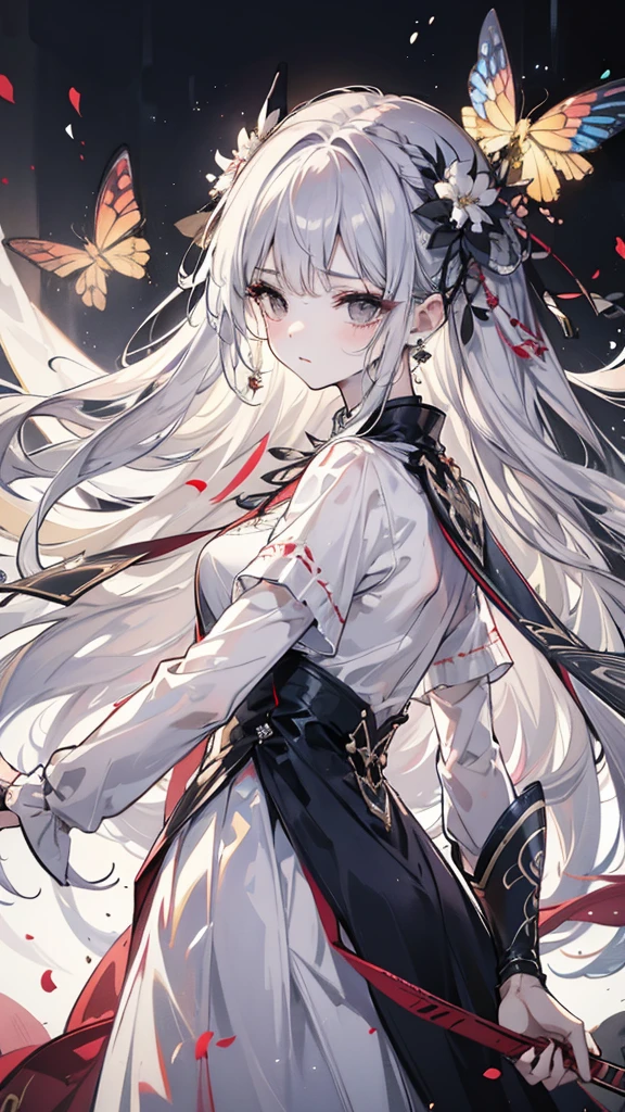 ((best quality)), ((masterpiece)), (detailed), Perfect face, Silver hair, Very long hair, black eyes, White long skirt, Sad face