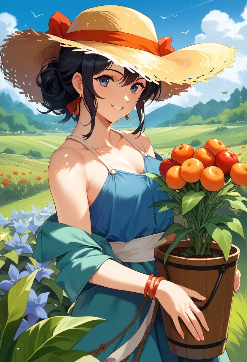 score_9,score_8_superior,score_7_superior,masterpiece,Highest quality,Absurd,
One girl,Shoulder-length hair　Black Hair　home garden　Have vegetables　smile　Farms in the background　Summery outfit　Straw hat
