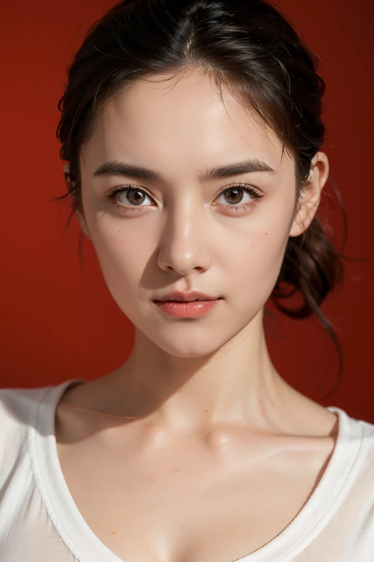 Close portrait of a woman (German:1.5) lineage,looking at camera,slight stubble,clean skin,Brown eyes,wearing a dark shirt,soft light,red background,Shallow depth of field,High-resolution images,Studio shot,Headshot,photographic realism,, masterpiece,best quality,