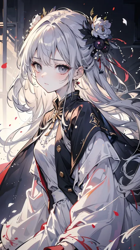 ((best quality)), ((masterpiece)), (detailed), Perfect face, Silver hair, Very long hair, black eyes, White long skirt, Sad face