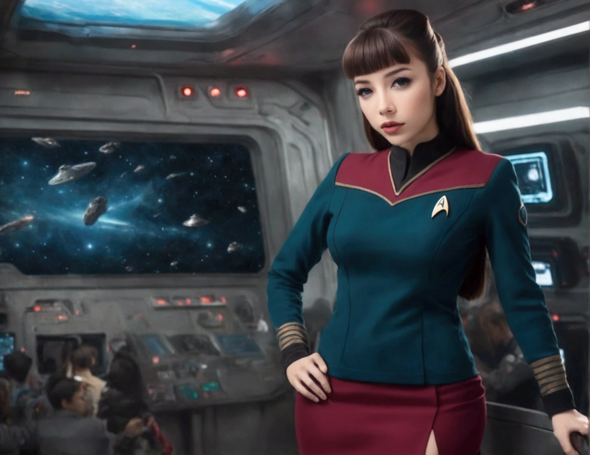 a cute woman, 25 years old, wearing a classic Star Trek mini skirt uniform, she is a clumsy officer who regularly drops things and bends over to pick them up, revealing her panty, on a busy star ship, detailed face, beautiful eyes, long eyelashes, beautiful lips, detailed clothing, dynamic pose, comedic expression, cinematic lighting, highly detailed, 8k, photorealistic, masterpiece, sci-fi, hyper-realistic, high quality