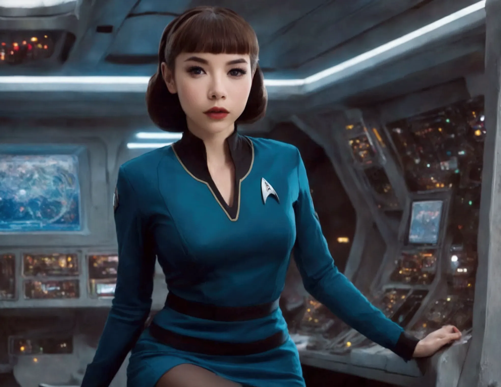 a cute woman, 25 years old, wearing a classic star trek mini skirt uniform, she is a clumsy officer who regularly drops things a...