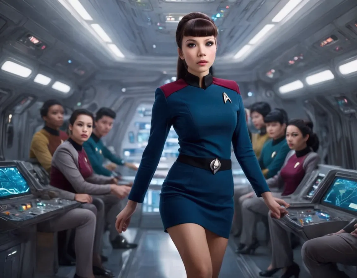 a cute woman, 25 years old, wearing a classic star trek mini skirt uniform, she is a clumsy officer who regularly drops things a...