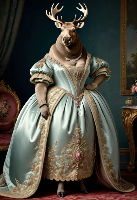 photorealistic portrait of Dressed animals - a ((fat)) (moose) princess, (full body image:1.5),(elegant pose:1.5) Wearing luxury sack-back gown,(wearing luxury tiara),(hands on hips:1.5), Old-fashioned luxury  loyal  dress, detailed and opulent description of a loyal aristocratic sack-back gown in Rococo , emphasizing luxurious fabrics, intricate embroidery, and ornate accessories, Rococo style king palace  background,(looking at viewer:1.5),score_9, score_8_up, score_7_up, score_6_up, score_5_up, score_4_up,