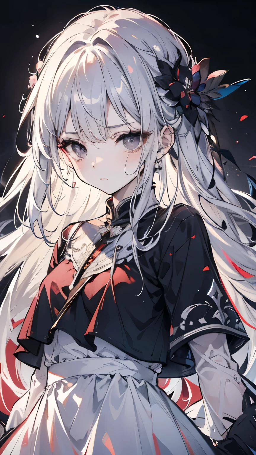 ((best quality)), ((masterpiece)), (detailed), Perfect face, Silver hair, Very long hair, black eyes, White long skirt, Sad face