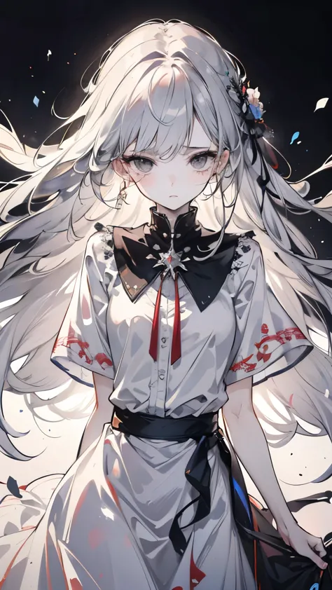 ((best quality)), ((masterpiece)), (detailed), Perfect face, Silver hair, Very long hair, black eyes, White long skirt, Sad face