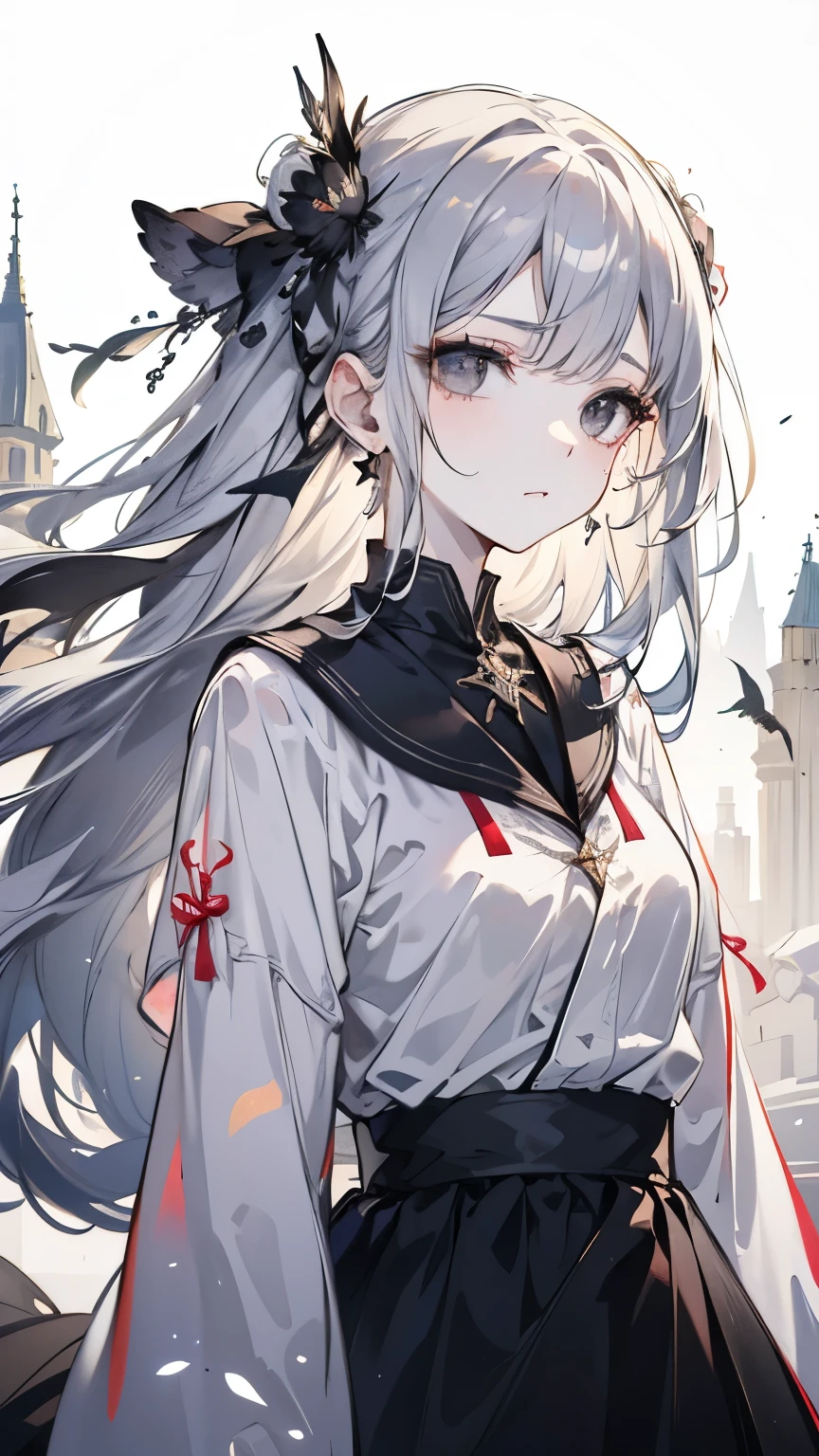 ((best quality)), ((masterpiece)), (detailed), Perfect face, Silver hair, Very long hair, black eyes, White long skirt, Sad face