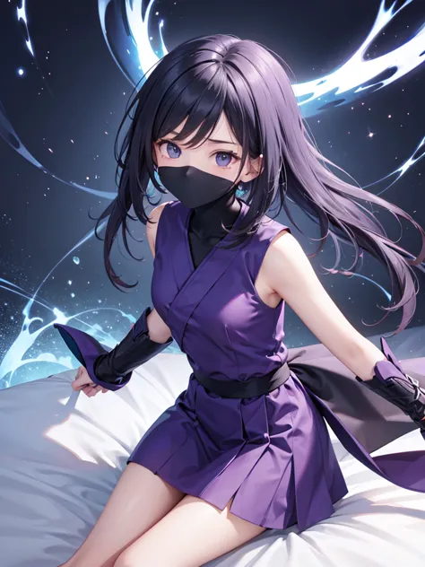 upper body, 1girl, wallpaper, light particles, bed, background, look at viewer, ninja mask, purple skirt
