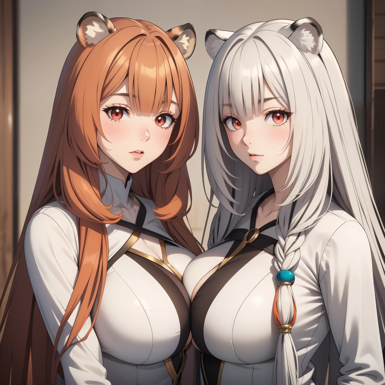 two women woman( Raphtalia, orange hair red eyes and bear ears big breasts),  with another woman, (Atlas Fayon woman 40 years old, white hair with black stripes ,white tiger ears,)