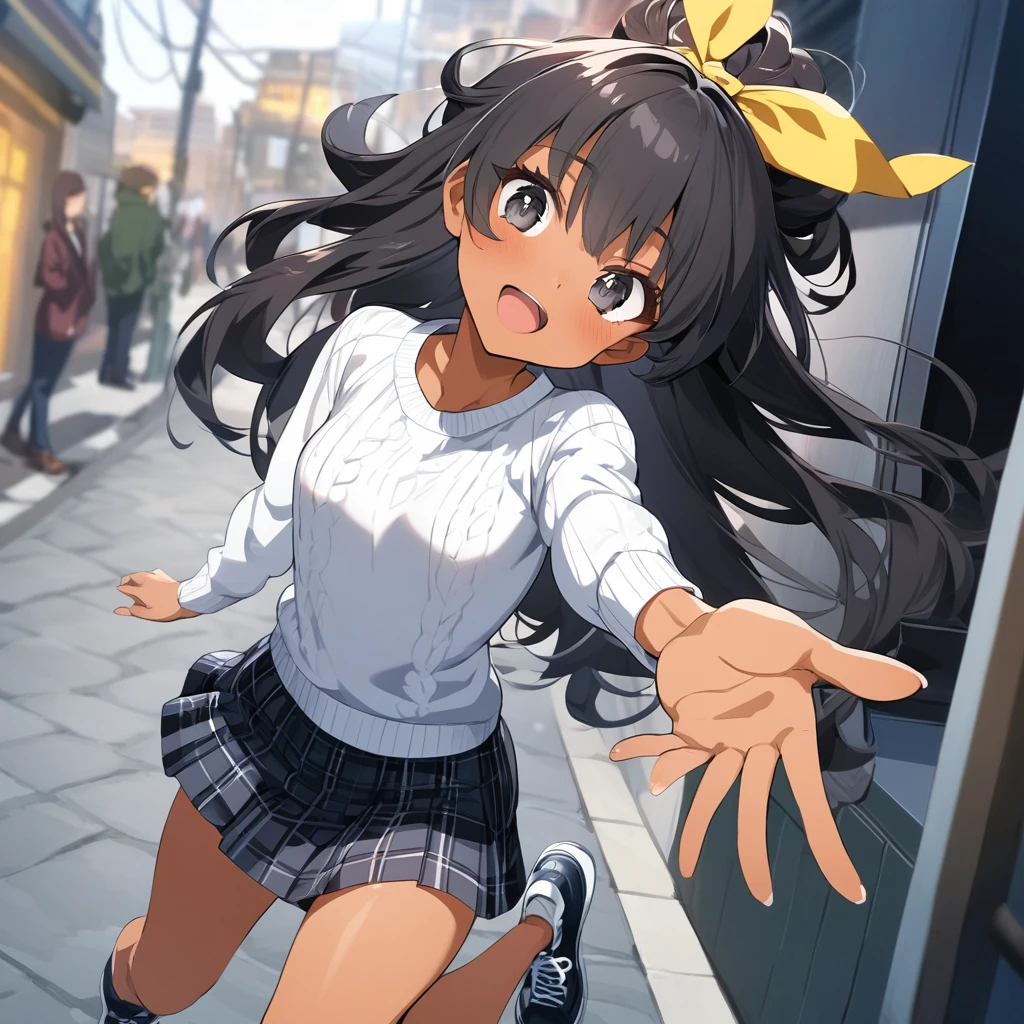 (anime style),masterpiece, best quality, extremely detailed,20Year old,tanned skin,dark skin, Beautiful tiny body,small breasts,BREAK,Beauty black hair,long hair,for head,BREAK,black eyes,best smile,open mouth,detailed lips,BREAK,cotton Yellow big ribbon,BREAK,rippedoversized school sweater、tartan check Skirt,sporty shoes,playful gesture,break,head tilt,in street