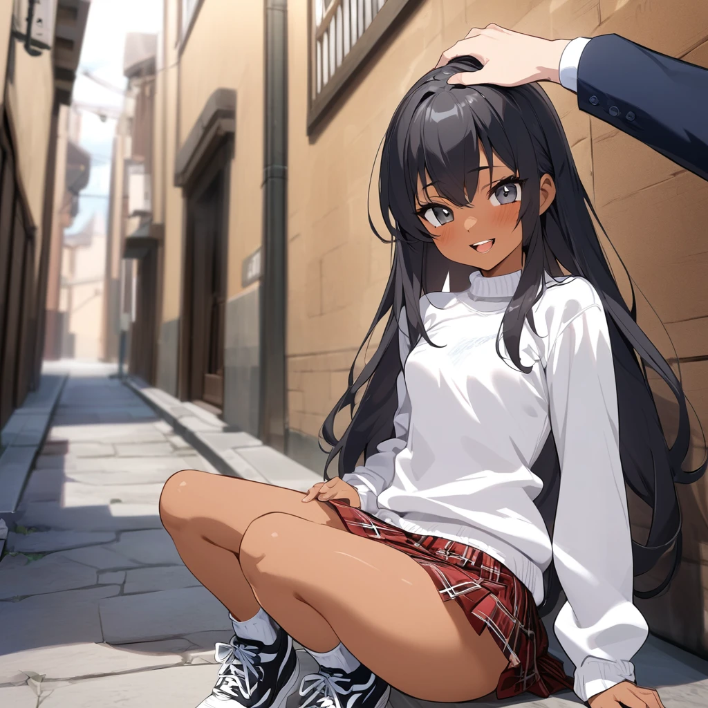 (anime style),masterpiece, best quality, extremely detailed,20Year old,tanned skin,dark skin, Beautiful tiny body,small breasts,BREAK,Beauty black hair,long hair,for head,BREAK,black eyes,best smile,open mouth,detailed lips,BREAK,cotton Yellow big ribbon,BREAK,rippedoversized school sweater、tartan check Skirt,sporty shoes,playful gesture,break,head tilt,in street