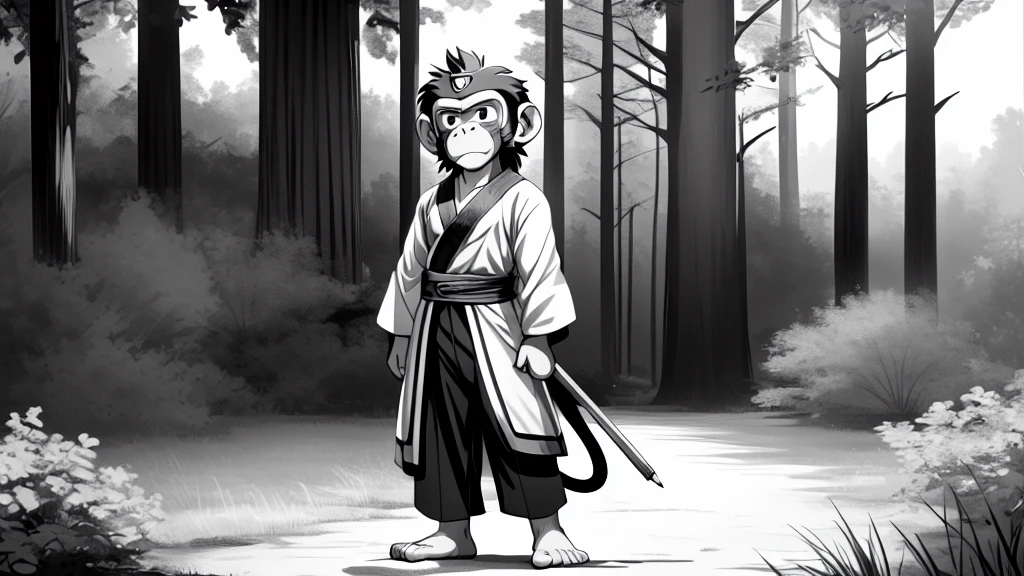 ((Masterpiece, high quality, best graphics, high definition, high definition, 4k)), old photo, vintage photo, 1 Monkey boy, (Solo), (((monkey ears, monkey tail))), ((upper body)), Wooden Katana in right hand, old samurai suit, old samurai pants, (ribbon on waist), wooden sandals, looking away, standing, (((monochrome, grayscale, pencil style, old movie style, noise, VHS movie, anime style))), (forest background, trees, tree shadow, grass, (((Saru to kani no Gassen anime 1917 style))).