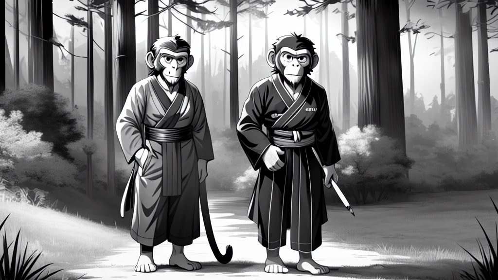 ((Masterpiece, high quality, best graphics, high definition, high definition, 4k)), old photo, vintage photo, 1 Monkey boy, (Solo), (((monkey ears, monkey tail))), ((upper body)), Wooden Katana in right hand, old samurai suit, old samurai pants, (ribbon on waist), wooden sandals, looking away, standing, (((monochrome, grayscale, pencil style, old movie style, noise, VHS movie, anime style))), (forest background, trees, tree shadow, grass, (((Saru to kani no Gassen anime 1917 style))).