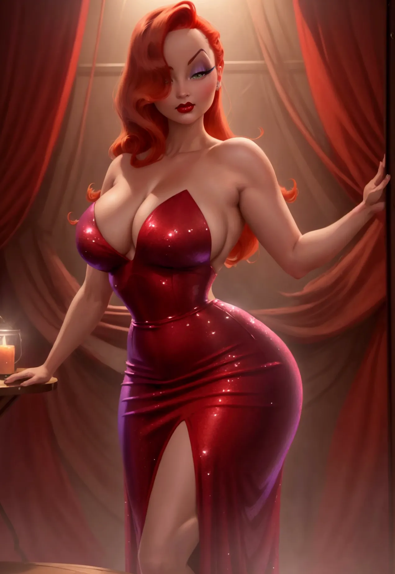 a gorgeous, voluptuous cartoon woman with striking red hair styled in a 1940s-inspired updo. she has a classically beautiful fac...