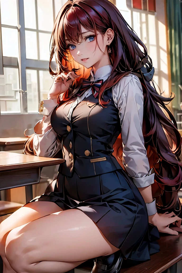 (masterpiece), ((Highest quality)), (masterpiece,Highest quality,Official Art,Highly detailed CG Unity 8K wallpapers)、Beautiful Japanese Woman、Detailed face、Smooth Skin、Big Breasts、((Long hair with perm ends:1.6、Red hair))、"High school girl in a futuristic uniform。Wearing a monochrome tight-fitting blazer、Metallic buttons and school crest on left chest。Below is the、He is wearing a clean white shirt with hidden buttons.、The collar and cuffs have thin lines。The skirt is a knee-length A-line skirt.、It has the same simple stripes as the blazer.。Shoes must be black or dark grey sneakers、Includes silver accents。As an accessory、Ribbon in school colors、Berets are also available for use during extracurricular activities.。The material of the uniform is temperature regulating、Antifouling、Has antibacterial properties。"