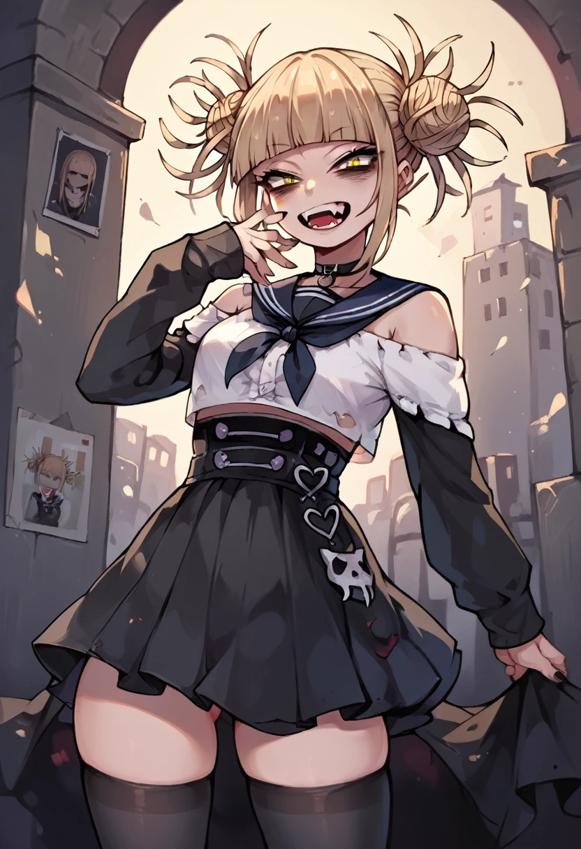 Himiko toga as she approaches and takes a photo and dresses in a sexy black gothic outfit., with black and revealing stockings and skirt (whole body) 