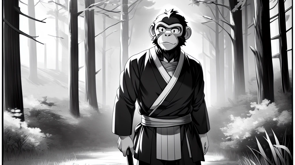 ((Masterpiece, high quality, best graphics, high definition, high definition, 4k)), old photo, vintage photo, 1 Monkey boy, (Solo), (((monkey ears, monkey tail))), ((upper body)), Wooden Katana in right hand, old samurai suit, old samurai pants, (ribbon on waist), wooden sandals, looking away, standing, {dynamic pose}, (((monochrome, grayscale, pencil style, old movie style, noise, VHS movie, anime style))), (forest background, trees, tree shadow, grass, (((Saru to kani no Gassen anime 1917 style))).