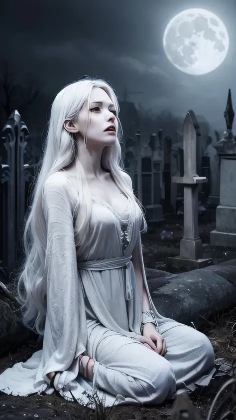 Create an ultra-realistic and haunting depiction of a Banshee, a female spirit from Irish and Scottish folklore, in a graveyard. The Banshee stands at the height of a human woman, with an ethereal and ghostly presence. Her skin is extremely pale, almost translucent, with a deathly cold appearance. Her eyes are large, red, and swollen, filled with deep sorrow and anguish. She has long, flowing white or silver hair that moves as if caught in an eternal wind, appearing almost mist-like and cold to the touch. Her lips are bluish-white, often cracked from constant wailing, adding to her eerie and mournful appearance. She is dressed in a tattered, ancient white or grey gown, reminiscent of funeral shrouds. The background features an old, decrepit graveyard under a full moon, with dense mist, crumbling tombstones, and twisted, shadowy trees. The atmosphere is filled with an eerie, supernatural glow, enhancing the sense of horror and foreboding. The Banshee emits her mournful, chilling cry, surrounded by ghostly apparitions and swirling shadows.

