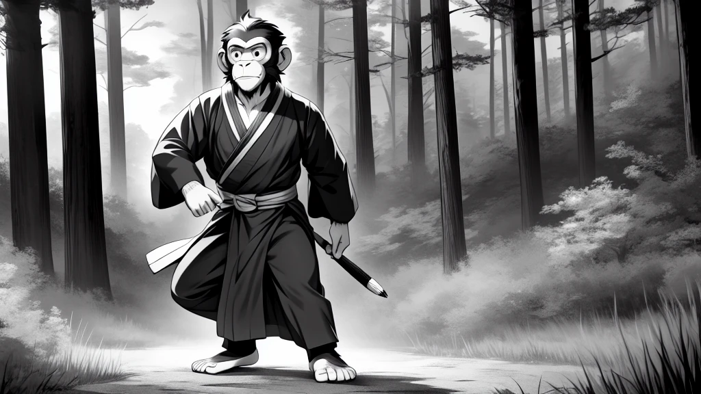 ((Masterpiece, high quality, best graphics, high definition, high definition, 4k)), old photo, vintage photo, 1 Monkey boy, (Solo), (((monkey ears, monkey tail))), ((upper body)), Wooden Katana in right hand, old samurai suit, old samurai pants, (ribbon on waist), wooden sandals, looking away, standing, {dynamic pose}, (((monochrome, grayscale, pencil style, old movie style, noise, VHS movie, anime style))), (forest background, trees, tree shadow, grass, (((Saru to kani no Gassen anime 1917 style))).