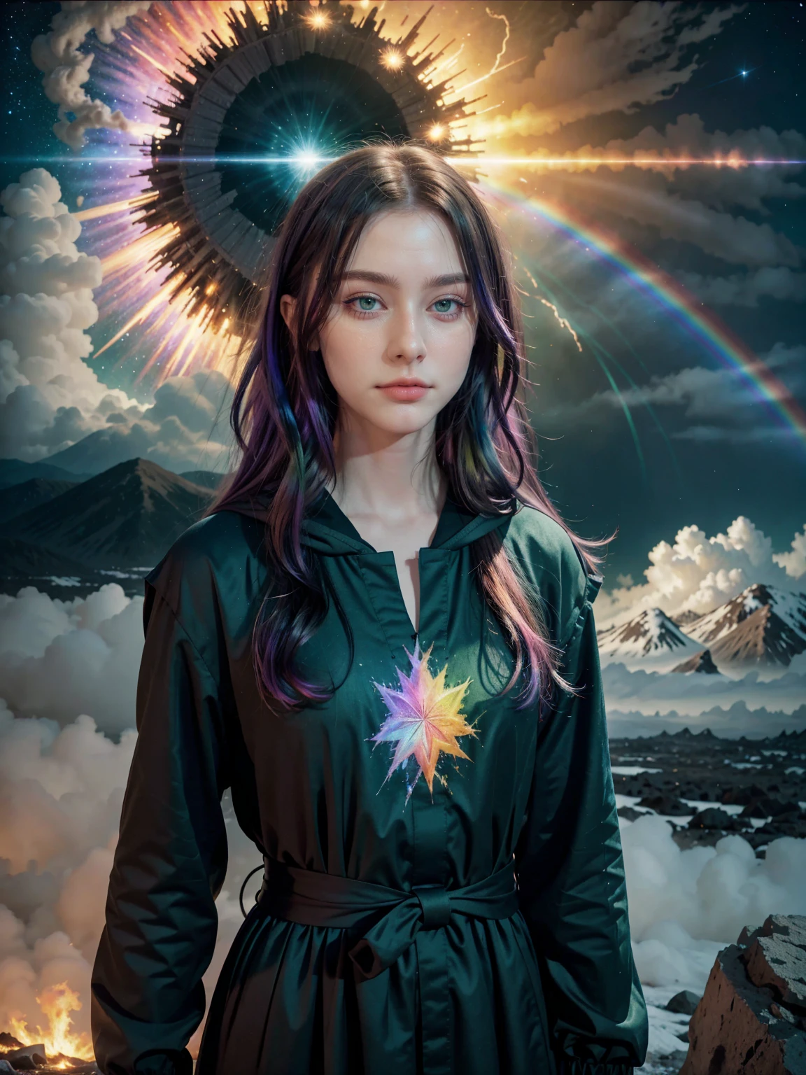 (8k), (highest quality), (best details)Milky Way、Multicolor rainbow hair、green eyes、Put on the cassock and pray to God、church、very long hair、Beautiful French woman、NOT Dasha Taran, supernova explosion、Volcanic eruptions、catastrophe、Photography, photorealistic