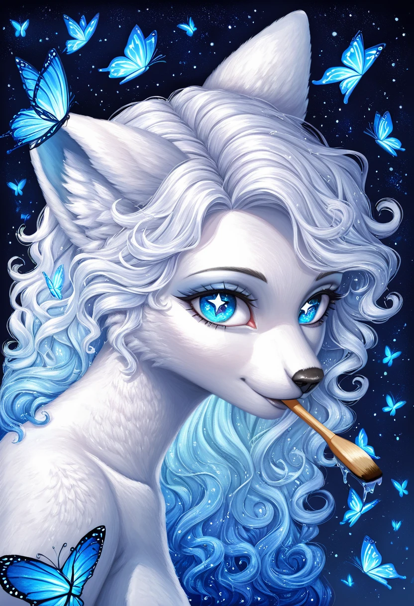 Oil painting brush strokes，Oil painting texture：Cartoon Girl Portrait，Starry Eyes，White fluffy hair，Butterflies in the sky，Luminescence，blue，Phosphor，Dark solid background