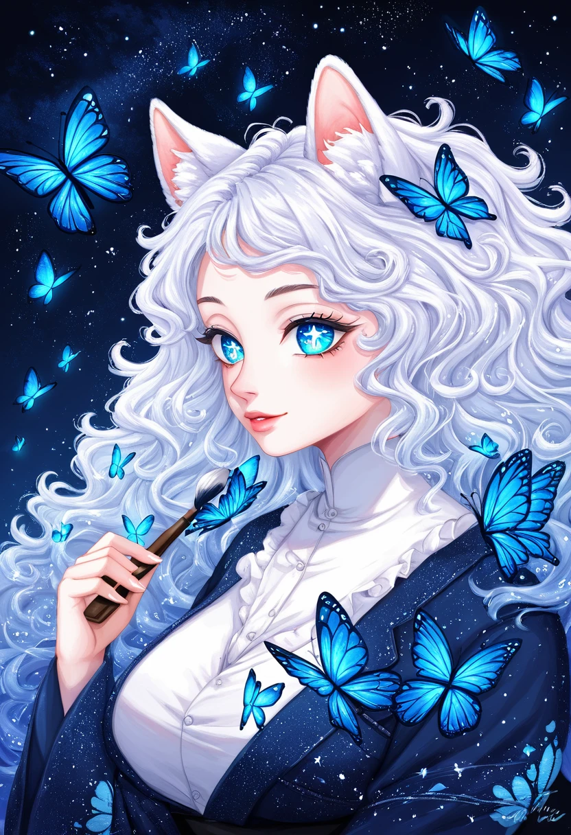 Oil painting brush strokes，Oil painting texture：Cartoon Girl Portrait，Starry Eyes，White fluffy hair，Butterflies in the sky，Luminescence，blue，Phosphor，Dark solid background