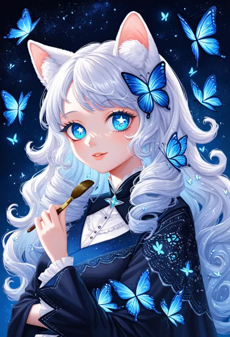 oil painting brush strokes，oil painting texture：cartoon girl portrait，starry eyes，white fluffy hair，butterflies in the sky，lumin...