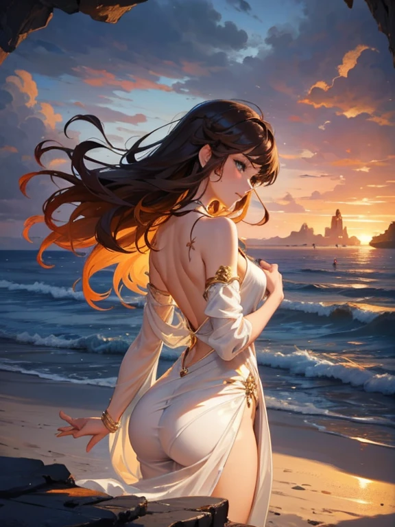 A captivating anime-inspired scene of a stunningly beautiful young woman meditating serenely at the edge of the Atlantic Ocean shore. Her dark brown hair billows gently in the breeze, framing her gracefully arched back and revealing a captivating tattoo. The warm sunset casts a vibrant and magical glow over the surroundings, with a blend of vibrant colors and mysterious elements immersing the viewer in an otherworldly experience. The seductive figure wears a light, semi-transparent flowing dress and a thread-thin thong, highlighting her toned and alluring body. The dark fantasy atmosphere is further enhanced by the enchanting blend of vibrant colors and mysterious elements, transporting the viewer into a mesmerizing world., anime, dark fantasy, vibrant