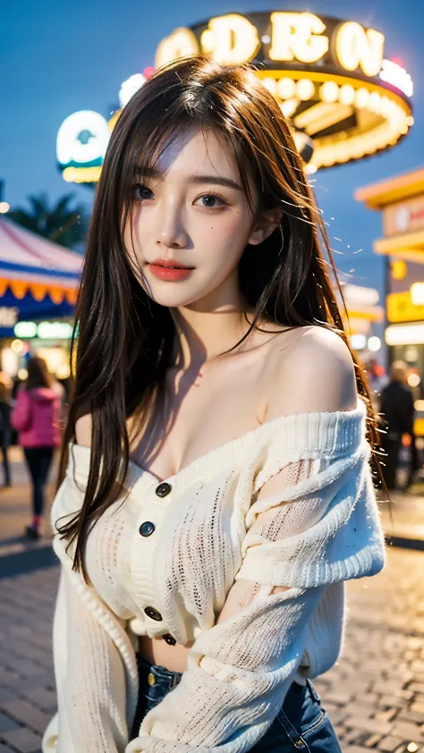 best quality, masterpiece, ultra high resolution, (reality: 1.4), original photo, one girl, 23 years old:1.2, Off-shoulder with vivid colors, Cinema Lighting、portrait、amusement park at night、big bust