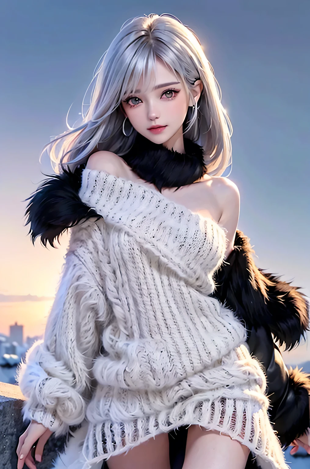 (Upper body portrait:1.5)((masterpiece:1.5、8k、Portraiture、Photorealistic and very detailed CG、Very detailed、Particle Effects、Dynamic Effects、Written boundary depth、Cinematic Light、Lens flare、Ray Tracing、Tabletop、Realistic:1.4、Ultra-high resolution:1.2、Realistic、Realistic))((alone、Off-the-shoulder sweater,Sleeveless,Over an off-the-shoulder knit sweater、A woman wearing a black fur-trimmed leather coat:1.4、Elegant woman posing:、Detailed face、brightexpression、young, bright, Whiter skin、Small breasts:1.4、Best Looks、Ultimate beauty、Shiny silver hair with highlights、Bright and shiny hair,、Modern Hairstyles、Hair dancing in the wind))(morning、The setting is a snowy hill overlooking the ruins.)Accentuate your cleavage