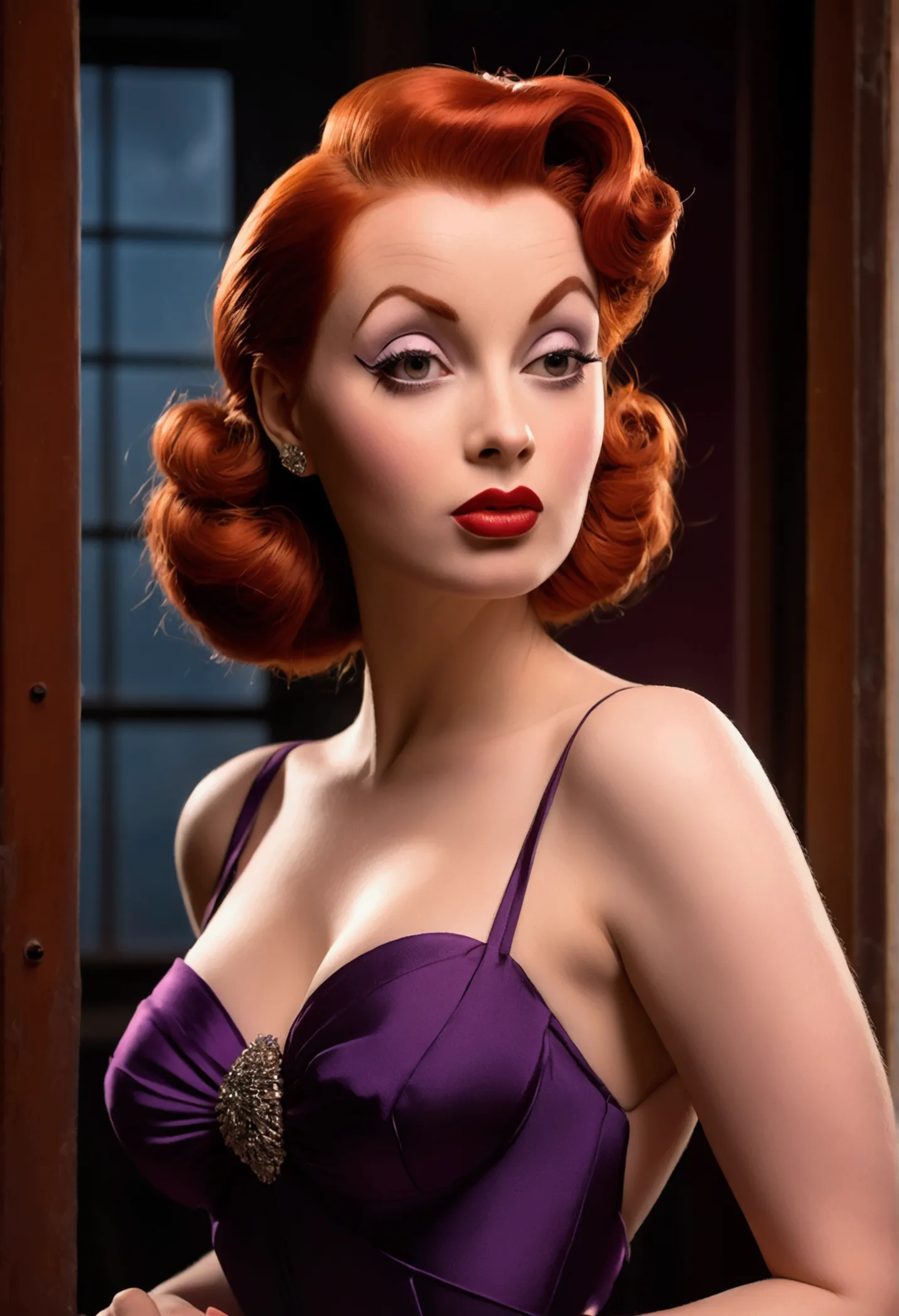 a gorgeous, voluptuous cartoon woman with striking red hair styled in a 1940s-inspired updo. she has a classically beautiful fac...