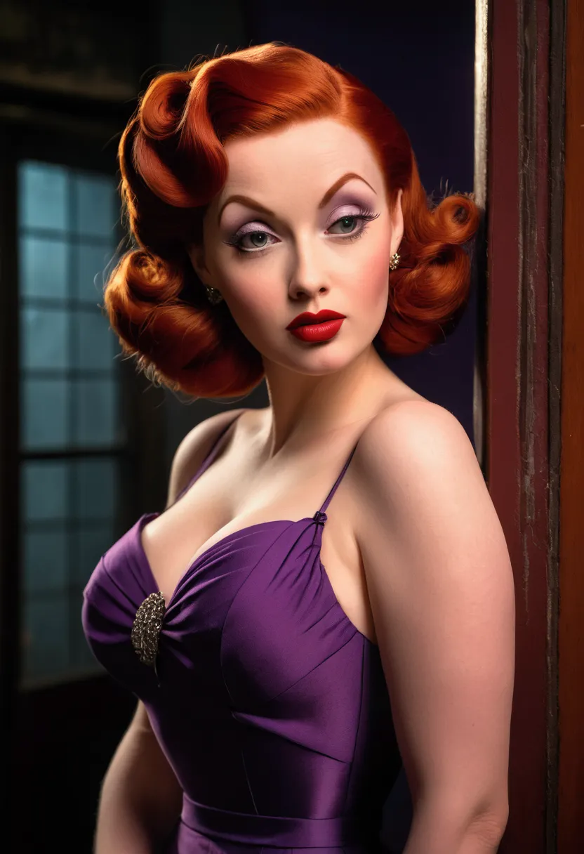 a gorgeous, voluptuous cartoon woman with striking red hair styled in a 1940s-inspired updo. she has a classically beautiful fac...